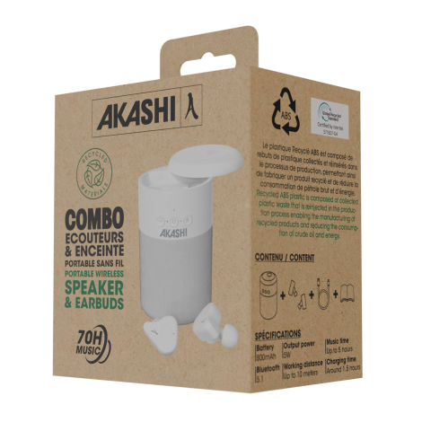 Packaging du combo enceinte et écouteurs.