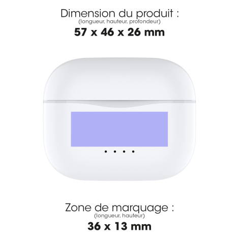 Boîtier de charge blanc fermé, présenté de face avec quatre indicateurs, et zone rectangulaire de marquage matérialisée sur la f