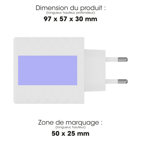 Chargeur secteur blanc vu de côté, avec une zone rectangulaire de marquage matérialisée sur la face latérale. Dimensions du prod