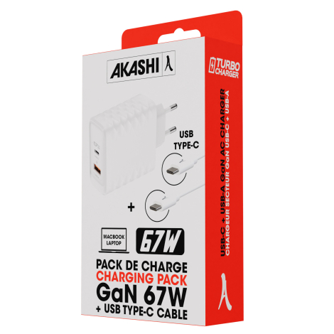 Emballage du pack de charge présenté de trois quarts, avec une représentation du chargeur secteur et du câble USB-C ainsi que di