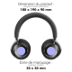 Vue de face du casque avec indication de ses dimensions et des zones de personnalisation circulaires sur les deux écouteurs. Vue de face du casque avec indication de ses dimensions et des zones de personnalisation circulaires sur les deux écouteurs.