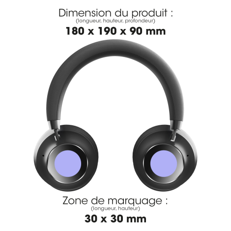 Vue de face du casque avec indication de ses dimensions et des zones de personnalisation circulaires sur les deux écouteurs.