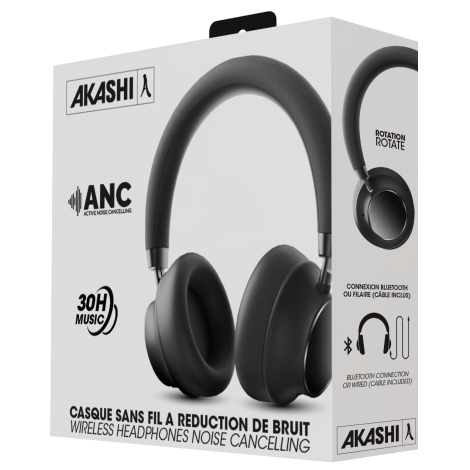 Présentation du casque dans son emballage, mettant en avant la réduction active du bruit ANC, une autonomie annoncée jusqu’à 30 