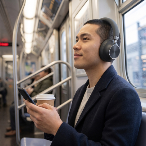 Casque porté dans les transports en commun, illustrant son utilisation nomade pour écouter du contenu audio pendant les déplacem