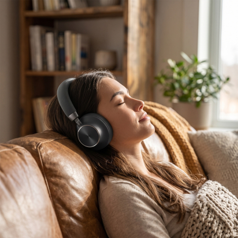 Casque porté dans un environnement intérieur, illustrant une utilisation confortable pour l’écoute et les moments de détente.