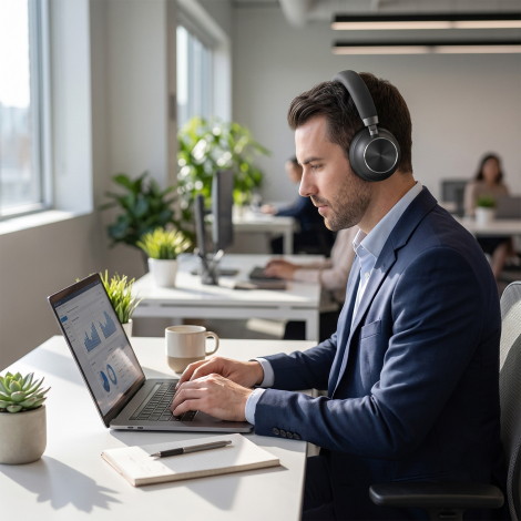 Casque utilisé dans un environnement de travail, illustrant son usage au bureau pour se concentrer tout en écoutant du contenu a