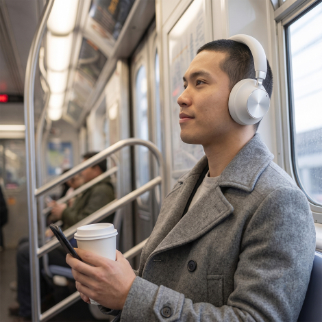 Casque porté dans les transports en commun.