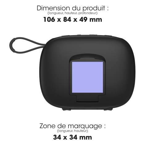 Vue arrière de l’enceinte avec indication de ses dimensions, 106 × 84 × 49 mm, et de la zone prévue pour la personnalisation.