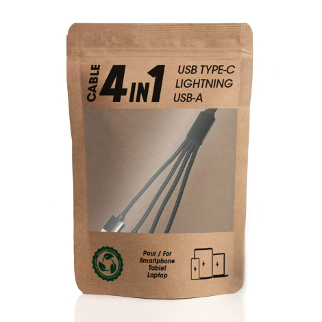 Câble noir présenté dans son emballage kraft.