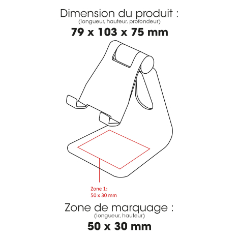 Schéma du support pliable pour smartphone avec dimensions du produit et zone de marquage sur la base.