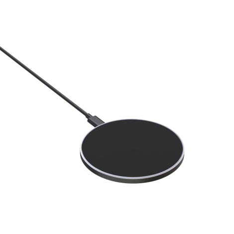 Chargeur induction noir sans marquage visible sur fond blanc.
