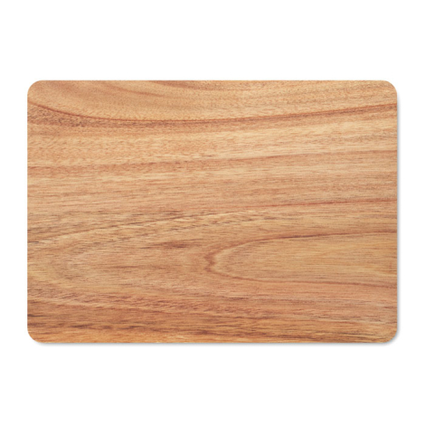 Vue du dessous du plateau rectangulaire en bois, laissant apparaître sa surface plane et les variations naturelles du veinage.