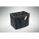 Sac organiseur noir ouvert en perspective, avec plusieurs objets placés dans sa poche frontale. Sac organiseur noir ouvert en perspective, avec plusieurs objets placés dans sa poche frontale.
