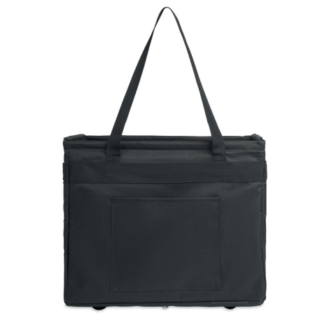 Vue de face du sac organiseur noir, avec deux longues anses relevées et une poche rectangulaire sur la partie centrale.