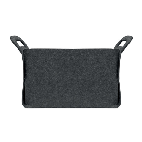 Panier en feutre gris foncé présenté à plat, avec les deux poignées visibles aux extrémités.