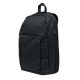 Vue de trois quarts du sac à dos noir montrant ses différents compartiments zippés et une poche latérale verticale. Vue de trois quarts du sac à dos noir montrant ses différents compartiments zippés et une poche latérale verticale.