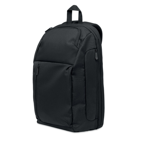 Vue de trois quarts du sac à dos noir montrant ses différents compartiments zippés et une poche latérale verticale.