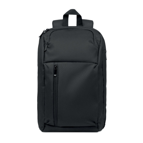 Vue de face du sac à dos noir avec poignée supérieure, compartiment principal zippé et deux poches frontales à fermetures vertic