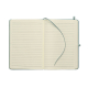 Cahier A5 ouvert présentant deux pages lignées et un ruban marque-page vert posé sur les pages. Cahier A5 ouvert présentant deux pages lignées et un ruban marque-page vert posé sur les pages.