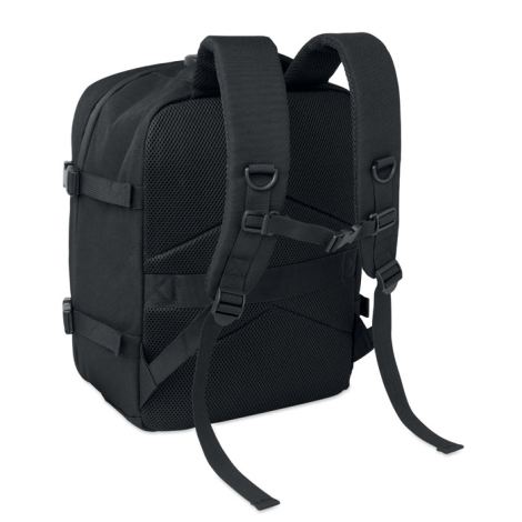 Vue arrière du sac à dos noir avec dos rembourré en filet, deux bretelles réglables et sangle de poitrine à boucle.