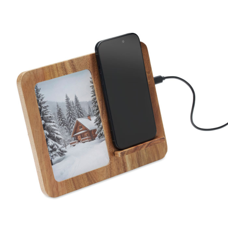 Cadre photo chargeur 15 W promotionnel en acacia Finwood