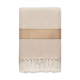 Couverture pliée beige clair à motif chevrons, avec franges sur le bas et manchette en papier kraft autour de la partie centrale Couverture pliée beige clair à motif chevrons, avec franges sur le bas et manchette en papier kraft autour de la partie centrale