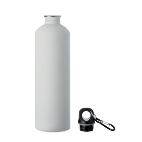 Bouteille blanche ouverte, présentée avec son bouchon noir à large anneau et mousqueton métallique posé à côté.
