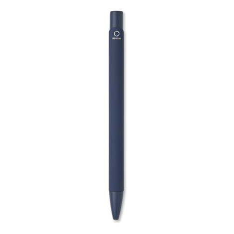 Stylo bille bleu foncé présenté seul, avec un pictogramme et une inscription imprimés sur la partie supérieure du corps.