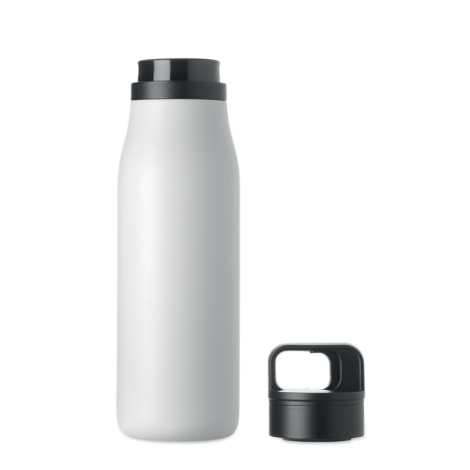 Bouteille isotherme blanche présentée ouverte, avec son bouchon noir à poignée intégrée posé à côté.