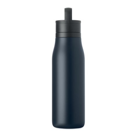 Bouteille isotherme bleu foncé avec bouchon noir ouvert laissant apparaître le bec verseur.