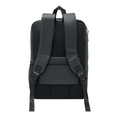 Vue de dos du sac à dos noir avec deux bretelles réglables rembourrées, dos en maille, poche arrière zippée et poche latérale en