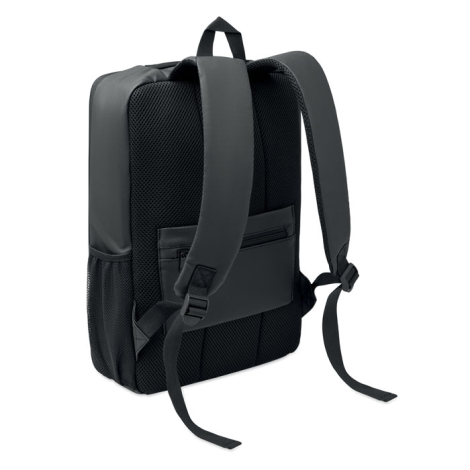 Vue arrière en perspective du sac à dos noir montrant les bretelles réglables rembourrées, le dos en maille, la poche arrière zi