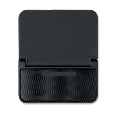 Vue de dessus du haut-parleur noir avec large support rectangulaire relevé et grille de haut-parleur occupant l’autre partie de 