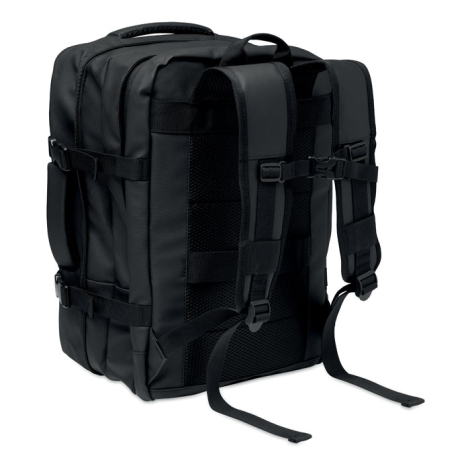 Sac à dos noir vu de dos et de trois quarts, avec deux bretelles rembourrées réglables, sangle de poitrine à boucle et panneau d