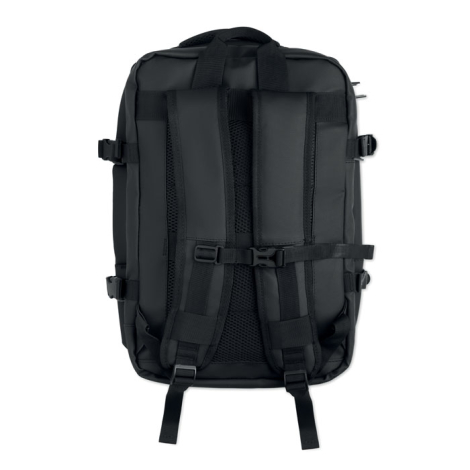 Vue arrière du sac à dos noir avec ses deux bretelles rembourrées réglables, son dos en maille et une sangle de poitrine à boucl
