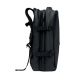 Vue de profil du sac à dos noir mettant en évidence ses différents compartiments zippés et ses deux sangles latérales de compres Vue de profil du sac à dos noir mettant en évidence ses différents compartiments zippés et ses deux sangles latérales de compres