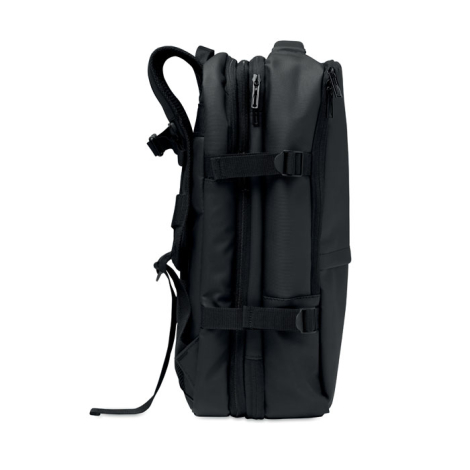 Vue de profil du sac à dos noir mettant en évidence ses différents compartiments zippés et ses deux sangles latérales de compres