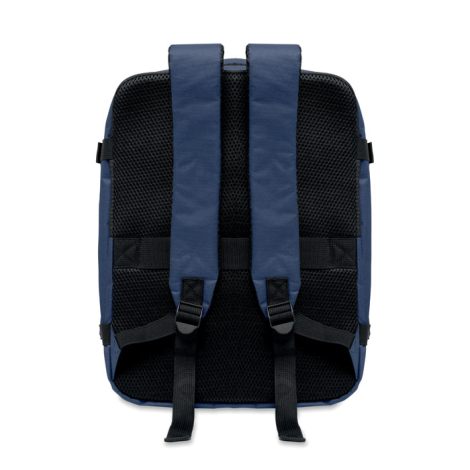 Vue arrière d’un sac à dos cabine bleu marine avec deux bretelles réglables et dos rembourré en maille noire. Un passant horizon