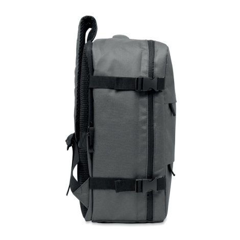 Sac à dos cabine gris vu de profil, avec plusieurs compartiments zippés et deux sangles latérales de compression à boucles.