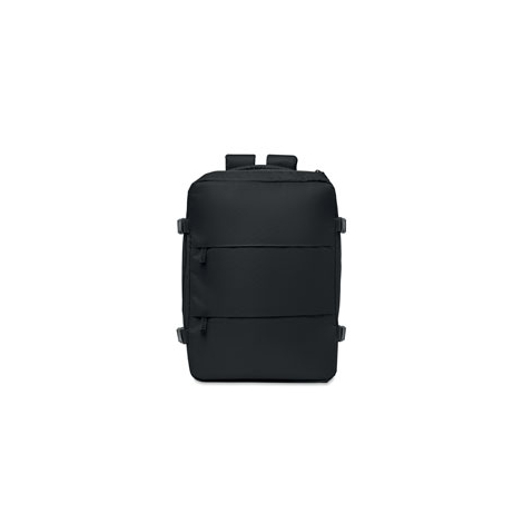 Vue de face d’un sac à dos cabine noir de forme rectangulaire, avec deux poches frontales superposées et sangles latérales visib