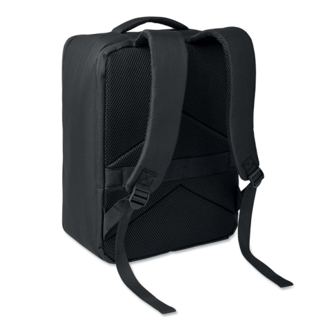 Vue arrière d’un sac à dos noir avec deux bretelles réglables, dos rembourré en maille et sangle horizontale.