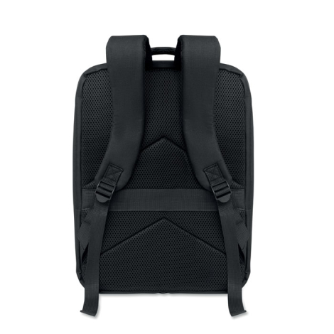 Vue arrière du sac à dos noir avec bretelles réglables, dos rembourré en maille et sangle de bagage horizontale.