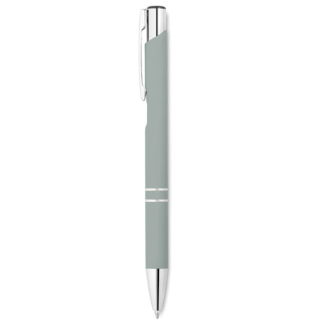 Stylo à bille vert clair avec clip, extrémités métalliques et deux fines bagues décoratives autour du corps.
