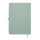 Vue arrière du carnet A5 vert clair fermé, avec élastique vertical, passant latéral pour stylo, ruban marque-page et symbole ave Vue arrière du carnet A5 vert clair fermé, avec élastique vertical, passant latéral pour stylo, ruban marque-page et symbole ave
