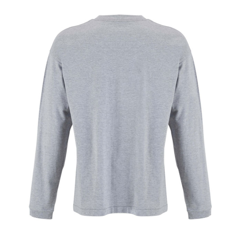 T-shirt gris chiné à manches longues vu de dos, avec épaules tombantes, coupe droite et ample, coutures visibles au niveau des é