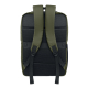 Vue arrière d'un sac à dos vert kaki, avec dos rembourré en maille noire, deux bretelles larges réglables et bande horizontale a