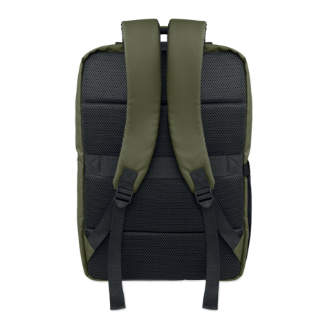 Vue arrière d'un sac à dos vert kaki, avec dos rembourré en maille noire, deux bretelles larges réglables et bande horizontale a