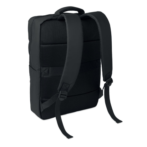 Vue arrière de trois-quarts d'un sac à dos noir, avec dos rembourré en maille respirante, deux bretelles épaisses réglables, pas