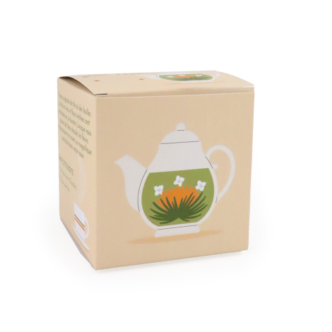 Boîte cartonnée beige pour thé à fleurs, décorée d'une illustration de théière blanche avec motifs floraux verts et orange, sur 