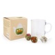 Coffret de thé à fleurs comprenant une boîte illustrée, une tasse en verre transparent et trois boules de thé fleuri, dont une e